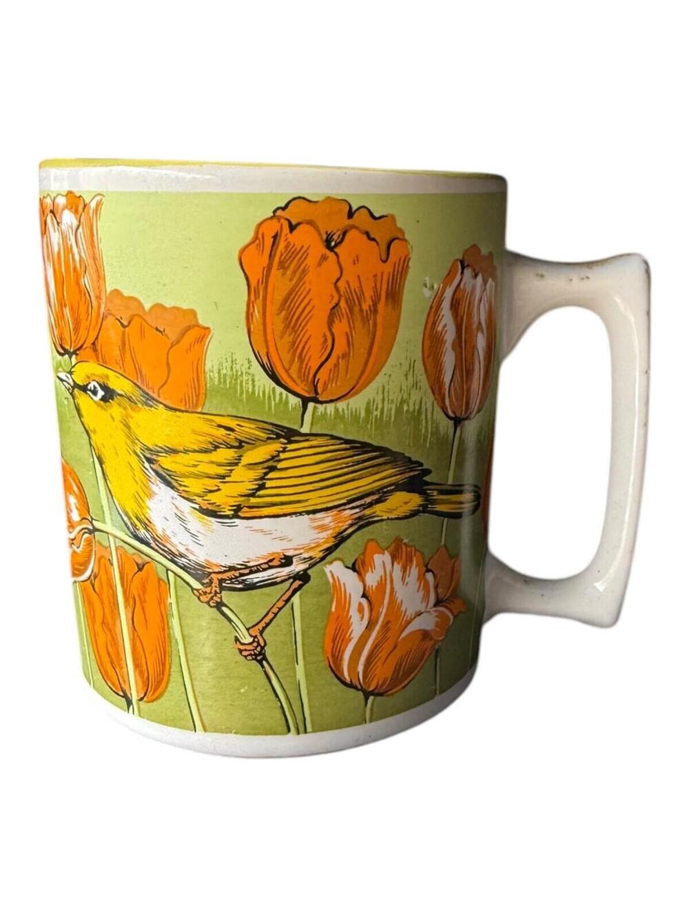 Vintage Yellow Bird Orange Tulips Ceramic Coffee Tea Cup Mug White